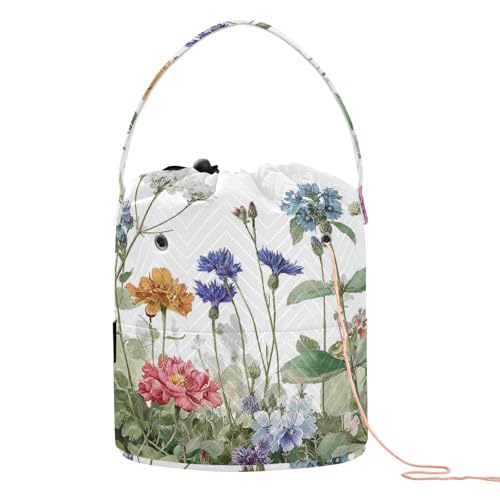 Wildflower Bloom Blue Yarn Bag Small Crochet Bag Drawstring Yarn Storage Organizer Knitting Project Bags Potable Yarn Holder with Holes Handle Crocheting Needles Knitting Accessories - color: Wildflower Bloom Blue
