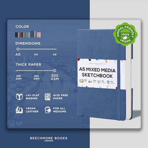 Beechmore Books A5 5.8x8.3 Mixed Media Sketchbook 300 GSM/140LBS | Heavyweight Vegan Leather Hardcover, 96 Pages Art Journal, Art Supplies for Paintings, Gouache, Watercolor & Ink - color: Symphony Blue, size: A5 - 5" x 8" Medium