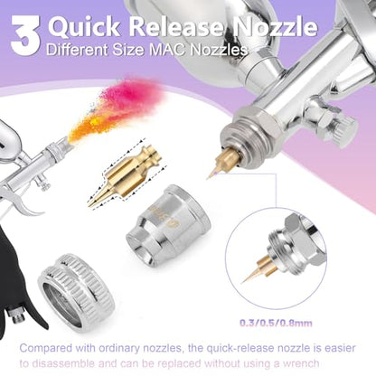 Gyfent Dual-Mode Airbrush Kit, 3 Nozzle Sets, Cups for Model Art | Round & Fan Caps, 0.3/0.5/0.8Mm Quick-Release Nozzles, Metal & Resin Cups, For Crafts, Cake, Nails - size: Dual-Mode Trigger