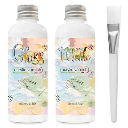 Gloss & Matte Varnish for Acrylic Painting, 2 x 100ml Clear Acrylic Varnish | Acrylic Paint Sealer, Clear Acrylic Paint, Prevents Yellowing, Maintains Long-Lasting Color - size: gloss+matte