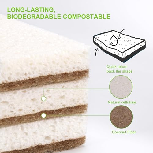 Natural Sponges for Dishes 12 Pack - Keep Soap Biodegradable Kitchen Sponge Compostable Coconut Scrubber - Eco Friendly Cleaning Sponges - color: Brown White 12pcs