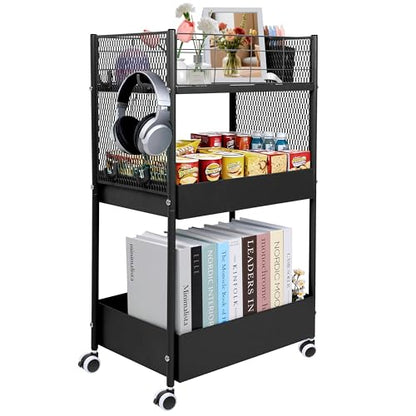 3 Tier Rolling Storage Cart Metal Utility Cart with Wheels | Office Organizer with Hooks & Hanging Cups, Mobile Shelving Unit for Kitchen Nursery Craft Snack Book - color: Matte Black