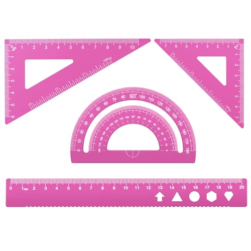 MSDADA Triangle Ruler, Protractor, Square and Ruler Set, 4 Pieces Aluminum Alloy, Metal Drafting Kit, Geometric Protractor for Student, School, Home, Office (Pink, 20cm/7.87inch) - color: Pink, size: 20cm
