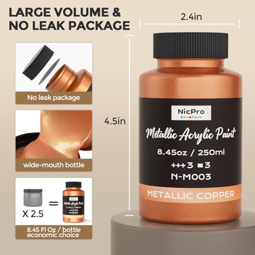 Nicpro Metallic Copper Acrylic Paint, 8.45oz/250ml Large Copper Leaf Paint | Non Toxic, Non Fading Craft Paints for Metal, Wood, Clay, Fabric, Canvas, Furniture, Handcrafts, Art Supplies - color: Copper, size: 8.45 Fl Oz (Pack of 1)