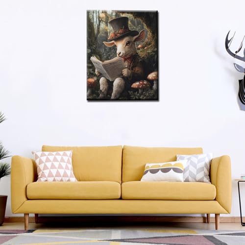 Sheep Paint by Numbers for Adults Beginner Sheep Reading Newspapers Oil Painting Kits on Canvas with Brushes and Acrylic Mushrooms Painting Crafts DIY Home Wall Decor 16X20 Inch (Frameless) - color: Hat Animal-09, size: 16''x20''(Frameless)