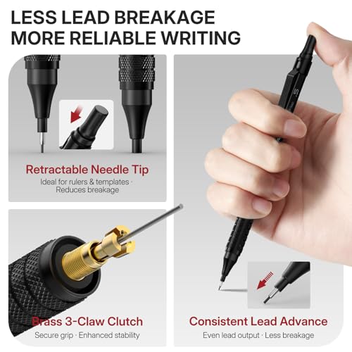 WUO Mechanical Pencil Set, 5 Pack Drafting Pencils 0.3/0.5/0.7/0.9/2.0mm | Mechanical drawing pencils, 312 lead refills, erasers/sharpeners for drafting, technical drawing, sketching, writing & art - color: Black, size: 0.3/0.5/0.7/0.9/2.0