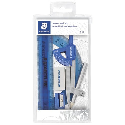 STAEDTLER Student Math Set - Essential School Supplies with 6-Piece - Compass, 6in Ruler, 180° Protractor, Pencil, Eraser & Sharpener in Zippered Storage Pouch