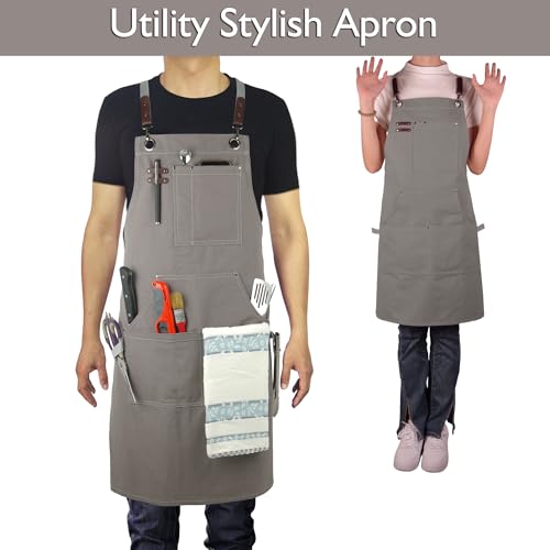 Kitchen Apron, Work Apron, Canvas Apron, Dark Gray | Multiple Pockets, Gardening, Painting, BBQ, Artist, Carpenter, Sizes M to XXL - color: Dark Gray