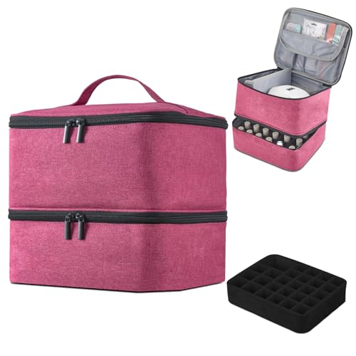 Buruis 2 Layer Nail Polish Bag, Nail Supplies Organizer, Pink | Dual Zippers, Adjustable Divider, Nail Dryer Storage, Fits 25 Bottles (15ML), Nail Tools Bag, Portable Manicure Case - color: Pink