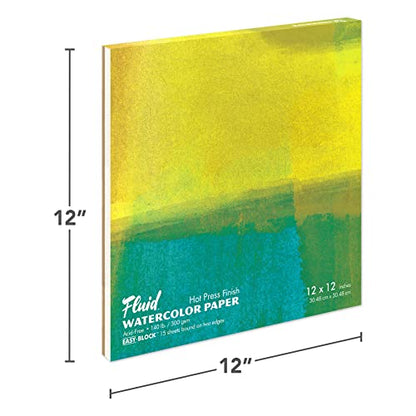 Fluid Watercolor Paper Block, 12 x 12 inches, 15 Sheets, 140 lb (300 GSM) Hot Press Pad for Artist Painting and Wet Media - size: 12 x 12
