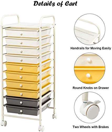 Happygrill 10-Drawer Storage Cart, Utility Cart with Removable Drawers & Metal Frame, Rolling Storage Cart with Lockable Wheels for Home, Office, Yellow - color: Yellow