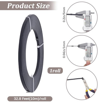 Beebeecraft 1 Roll 32.8 Feet Flat Aluminum Wire, Bendable Anodized Aluminum Wire 5mm Beading Craft Wires for Jewelry Making (Black) - color: Black