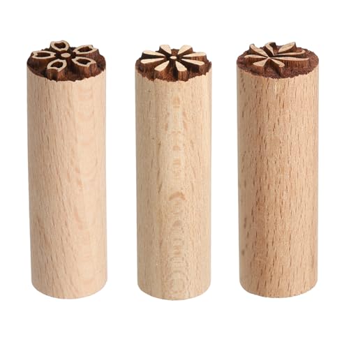HARFINGTON 3pcs Wood Pottery Tools Stamps 0.6" Dia 2" Length Wooden Natural Clay Pottery Stamps Set Flower 3 Patterns for Cookie Cake Dessert - style: Flower 3 Patterns