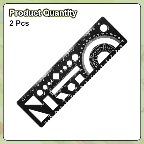 HARFINGTON 2pcs Multifunctional Geometric Rulers 15cm Metric and SAE Aluminum Straight Edge Protractor Angle Math Measuring Ruler Geometric Drawings Templates for Drawing Drafting, Black - color: Black