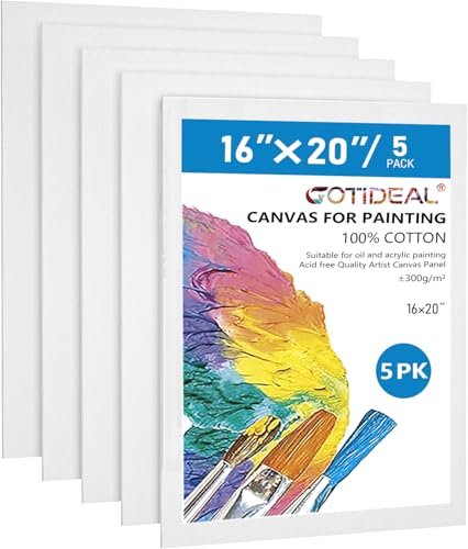 GOTIDEAL Canvases for Painting, 16x20 inch of 5 Pack, 100% Cotton | Professional Primed White Blank Flat Canvas Panels, Artist Canvas Boards for Acrylics Painting, Oil Watercolor Tempera - size: 16"x20"