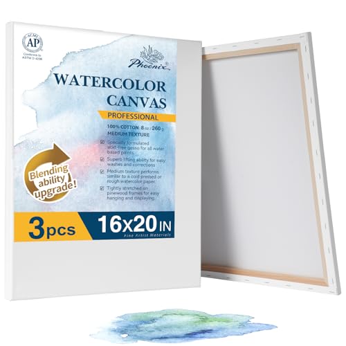 PHOENIX Professional Stretched Watercolor Canvas - 16x20 Inch/3 Pack, 100% Cotton Water Color Canvases for Painting, 8 Oz. / 260g White Blank Medium Texture Canvas for Water Based Paints - size: 16"x20", style: Framed Canvas