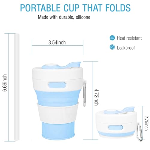 Silicone Collapsible Travel Mug Blue 15oz / 450ml - Leak-Proof Reusable Silicone Water Bottle for Hot and Cold Beverages - Travel Office and Home - Dishwasher Safe - Straw Included - color: Blue