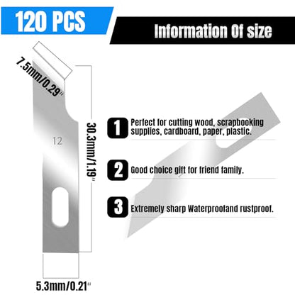 120 Pcs Exacto Knife Blades, #12 High Carbon Steel Hobby Knife Blade Refills Hobby Knife Replacement Blades for Craft, Scrapbooking, Stencil - size: #12