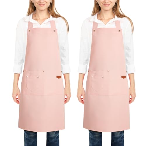 2 Pack Kitchen Cooking Aprons, Adjustable Bib Soft Chef Apron with 2 Pockets for Men Women - color: Rose Pink