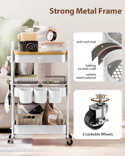 ALVOROG 3 Tier Metal Rolling Cart with Drawer,Wood Top,Pegboards,White | Storage Utility Cart with Drawers,Pegboards,Lockable Wheels,Baskets,Hooks for Kitchen,Office,Bedroom,DIY Supplies - color: White