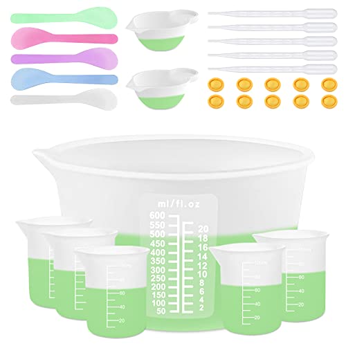 Sjubaopen Silicone Measuring Cups 600ml for Resin, Epoxy, Baking | Easy to clean, Heat Resistant, Thickened, 100ml+10ml, Stir Sticks, Droppers, Finger Cots for Wax,Chocolate, Jewelry - size: 600ML+100ML+10ML