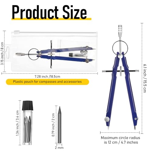 Zonon 12 Pcs Compass for Geometry Drawing Metal Compass with Extra Refills and Screws Circle Maker Back to School Circle Drawing Tool for Math Drafting Measuring Woodworking Office, 3 Colors