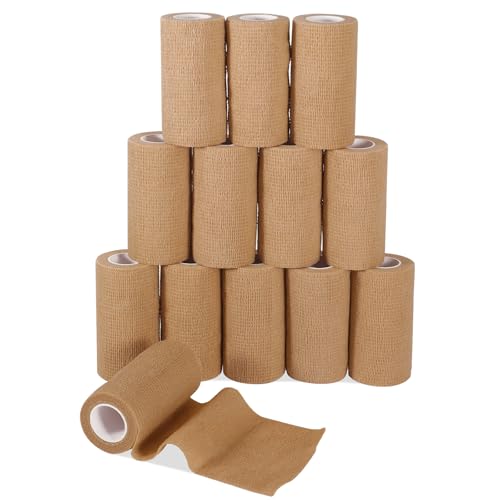 12 Pack Self Adhesive Bandage Wrap, 2” x 5 Yards Cohesive Medical Tape Elastic Grip Tape Black Sports Tape Athletic for Ankle, Wrist Sprains, Pet First Aid (12pcs-Brown, 4 Inch) - color: 12pcs-brown, size: 4 Inch