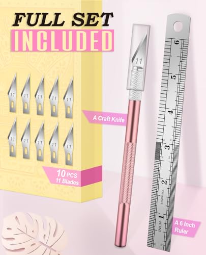 DIYSELF Exacto Knife Set with 10 Extra #11 Blades, 6-Inch Metal Ruler, Pink | Exacto Knife for Crafting, Art, Scrapbooking & Stencil Projects, Hobby Knife Set for Artists & Students - color: Rose Gold