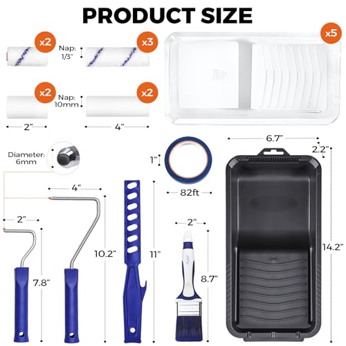 20pcs Small Paint Roller Kit, 4“ 2” Mini Roller Paint Brush | Special Caved-in Edge Foam, Non-shedding Microfiber Rollers, Versatile Paint Tray, Even Painting Walls, Cabinet, Touch ups