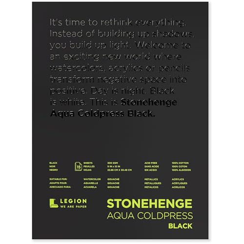 Stonehenge Aqua Black Medium Weight Pad, 140lb, Coldpress, 9 x 12 Inches, 15 Sheets for Wet and Dry Media