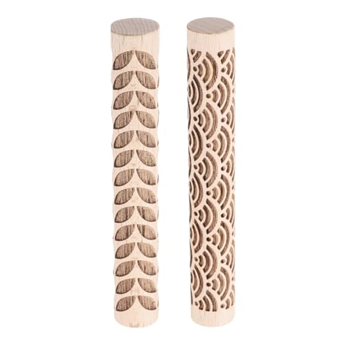 HARFINGTON 2pcs Wood Clay Roller 4"Water Wave Leaf Pattern Rolling Pins Pottery Tools Wood Grain Texture Rollers for Clay Baking Dough Playdough DIY - style: Water Wave + Leaf