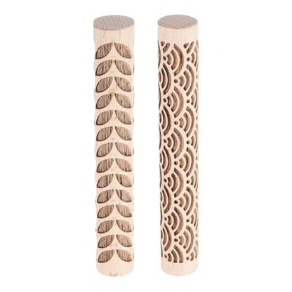 HARFINGTON 2pcs Wood Clay Roller 4"Water Wave Leaf Pattern Rolling Pins Pottery Tools Wood Grain Texture Rollers for Clay Baking Dough Playdough DIY - style: Water Wave + Leaf