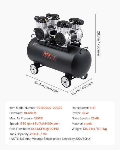 VEVOR Air Compressor, 20 Gallon Steel Tank, 4HP 10.6 CFM@90 PSI Oil Free Air Compressor & Max. 125PSI Pressure, 78dB Ultra Quiet Compressor for Auto Repair, Tire Inflation, Spray Painting (220V 60Hz) - size: 20 Gallon