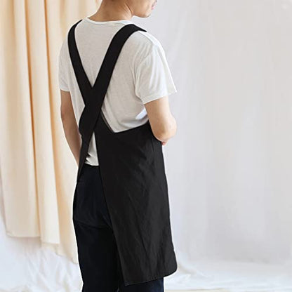 NEWGEM Japanese Cotton Linen Cross Back Cooking Apron for Women Men with Pockets Cute for Baking Kitchen - color: 14 - Men's Black
