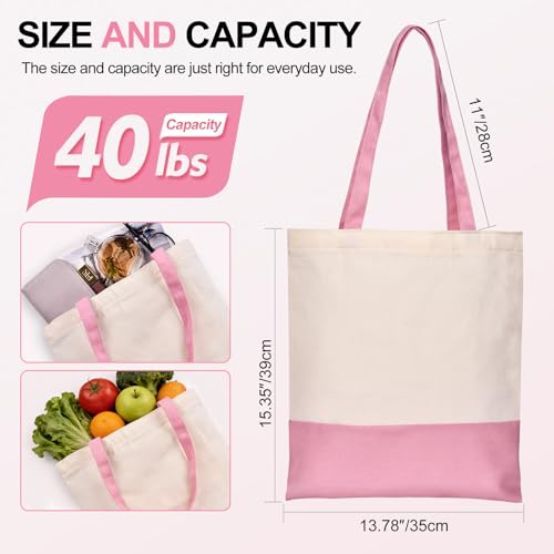 Canvas Tote Bag with Zipper for Women, Halloween Trick or Treat Bags Bulk | 13.8" x 15.3" Fashionable Two-Tone Cotton Tote Bag for Crafts, DIY Your Creative Designs - color: [A2] Beige / Pink