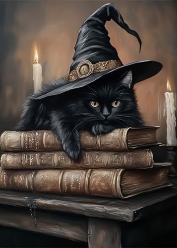 LKHMVCA Halloween Cat Book Diamond Art Kits for Adults, 5D Diamond Painting Kits for Adults Beginners, DIY Full Round Drill Diamond Dot Painting Gem Art Kits for Adult, Home Wall Decor 11.8x15.7 Inch - color: NZ69