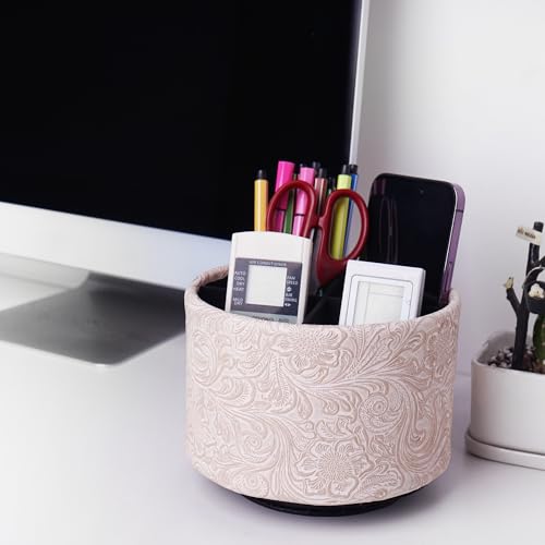 Round Leather Art Supply Organizer,Remote Control Holder,360 Degree Spinning,Multi-Functional Pencil Holder,4 Compartments Desktop Stationary Organizer(1-Carved White) - color: 1-Carved White