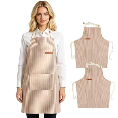 Professional Unisex Chef Apron – Cross-Back, Large Pockets, Water-Resistant Cotton Canvas - color: Brown Stripe
