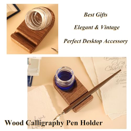Upgrade Wooden Tilting Calligraphy Pen Holder Set Calligraphy Oblique Pen Holder Stand with Ink Bottle Container Desktop Tabel Decoration