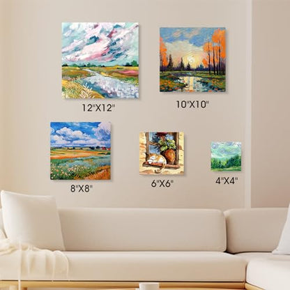 FUMILE Stretched Canvas for Painting Multi 5 Pack Square Canvas 4x4, 6x6, 8x8, 10x10, 12x12(1 of Each), Cotton Primed Acid Free Blank Canvases for Oil Paint, Acrylic Paint, Gouache and Tempera. - size: 4x4, 6x6, 8x8, 10x10, 12x12 in