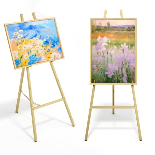 47" Gold Easel Stand for Sign, Large Heavy Duty Metal Display, 4-Tier | Sturdy Art Easel with Adjustable Chain & Non-Slip Feet for Wedding, Painting, Party, Posters, Commercial, Foldable - color: Gold