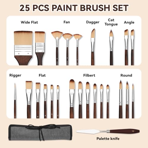 Bowitzki 25pcs Paint Brush Set,Professional Artist Paintbrush kit with Flat, Filbert, Fan, Dagger, Cat Tongue, Round, Angle, Spatula,Rigger for Oil, Acrylic Canvas Paintings, Body Face Painting (A)
