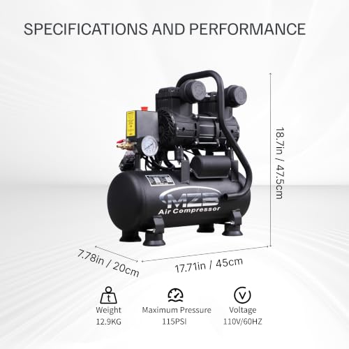 MZB 2.4 Gallon Ultra Quiet Air Compressor 110V/60Hz 1.2HP 5.65CFM, MAX 115PSI Steel Tanks Oil-Free 70dB Noise Level Air Compressor for Spray Painting, Auto Repair, Carpentry Decoration - size: MZB-850H-9