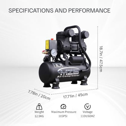 MZB 2.4 Gallon Ultra Quiet Air Compressor 110V/60Hz 1.2HP 5.65CFM, MAX 115PSI Steel Tanks Oil-Free 70dB Noise Level Air Compressor for Spray Painting, Auto Repair, Carpentry Decoration - size: MZB-850H-9