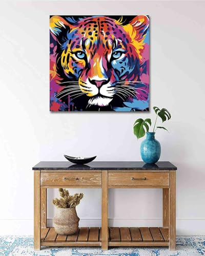 TOCARE Framed Paint by Numbers Kit for Adults & Kids Ages 8-12, 12x12Inch Colorful Leopard Paint by Numbers with Frame, Leopard Paint by Number Framed Canvas for Animal Lovers (Without Easel) - color: TC-F-370
