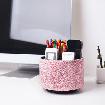 Round Leather Art Supply Organizer,Remote Control Holder,360 Degree Spinning,Multi-Functional Pencil Holder,4 Compartments Desktop Stationary Organizer(1-Carved Pink) - color: 1-Carved Pink