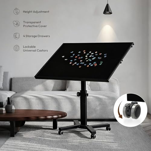 1500 Piece Jigsaw Puzzle Table with Legs, 35.43"x27.87" Metal Puzzle Tables for Adult (Stability Tested & Ergonomic), Adjustable Height & Tilt Angle, Wooden Puzzle Board with 4 Drawers & Cover - color: Black（1500pcs）