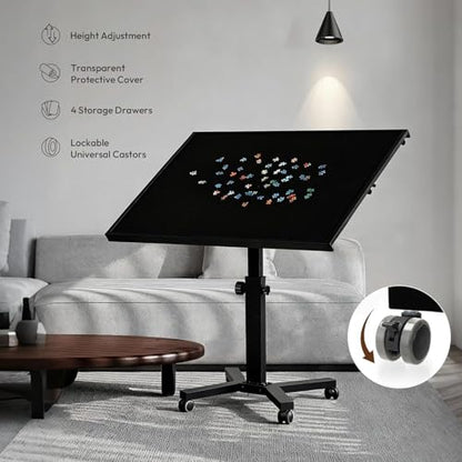 1500 Piece Jigsaw Puzzle Table with Legs, 35.43"x27.87" Metal Puzzle Tables for Adult (Stability Tested & Ergonomic), Adjustable Height & Tilt Angle, Wooden Puzzle Board with 4 Drawers & Cover - color: Black（1500pcs）