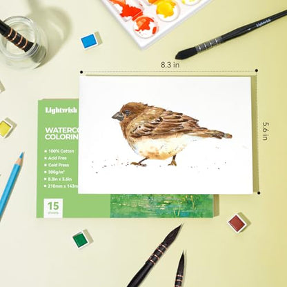 Lightwish Watercolor Coloring Book for Adults & Beginners,100% Cotton 300gsm/140lb Acid-Free Cold Press Paper, 8.3 x 5.6 Inches,15 Sheets,Bird-Themed - color: Bird-Themed