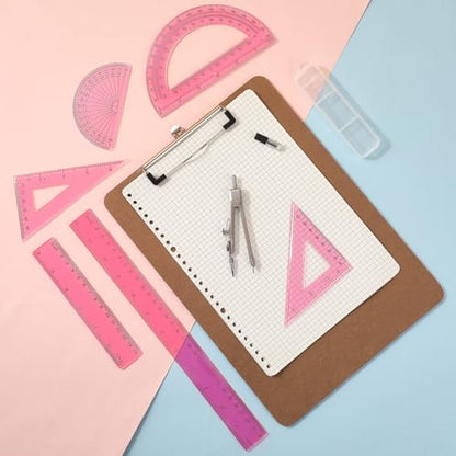 Zonon 7‑Piece Geometry Set with Drawing Compass, 6 & 4 Inch Protractors, Triangle Rulers and Straight Rulers, Transparent Math Drafting Supplies for Back to School, Students and Office Use(Pink) - color: Pink